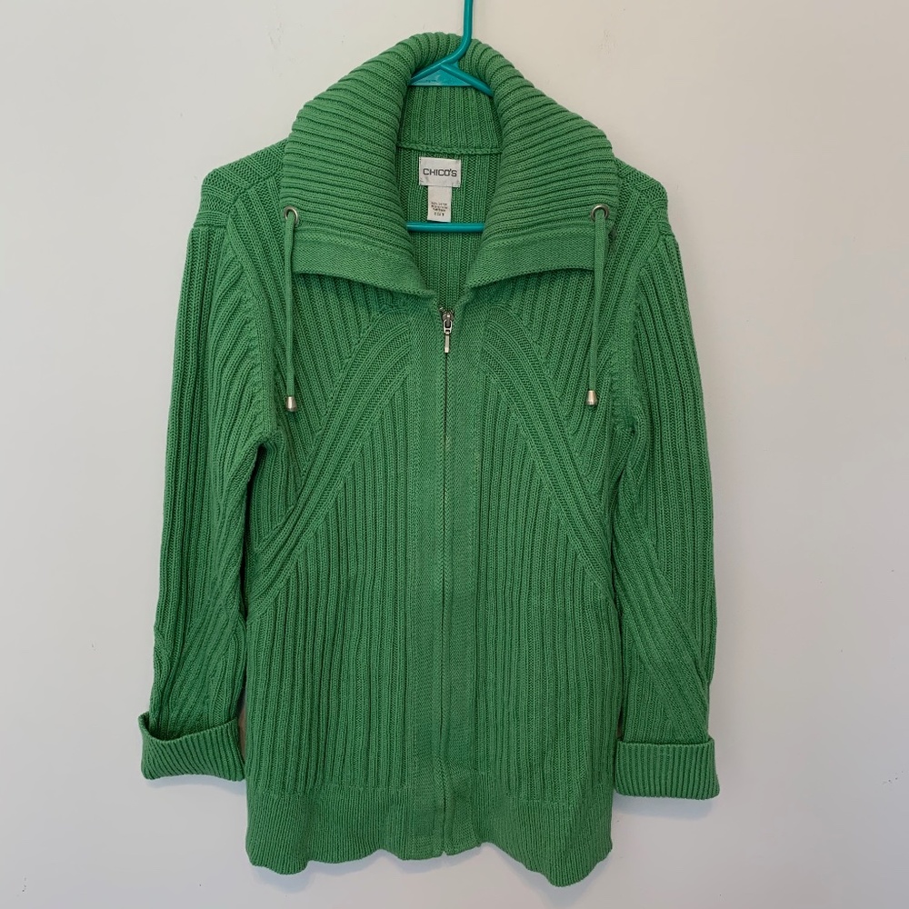 CHICO'S GREEN FRONT ZIP COTTON RIB KNIT SWEATER